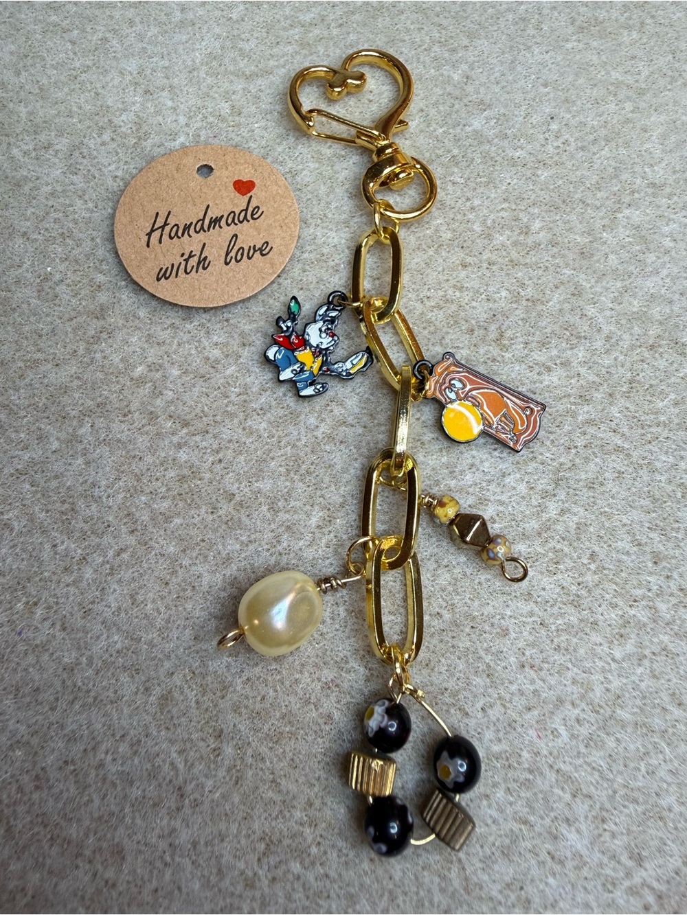 Rabbit & Silly Doorknob Charm Bracelet with Beaded Accents- NWT Handmade
